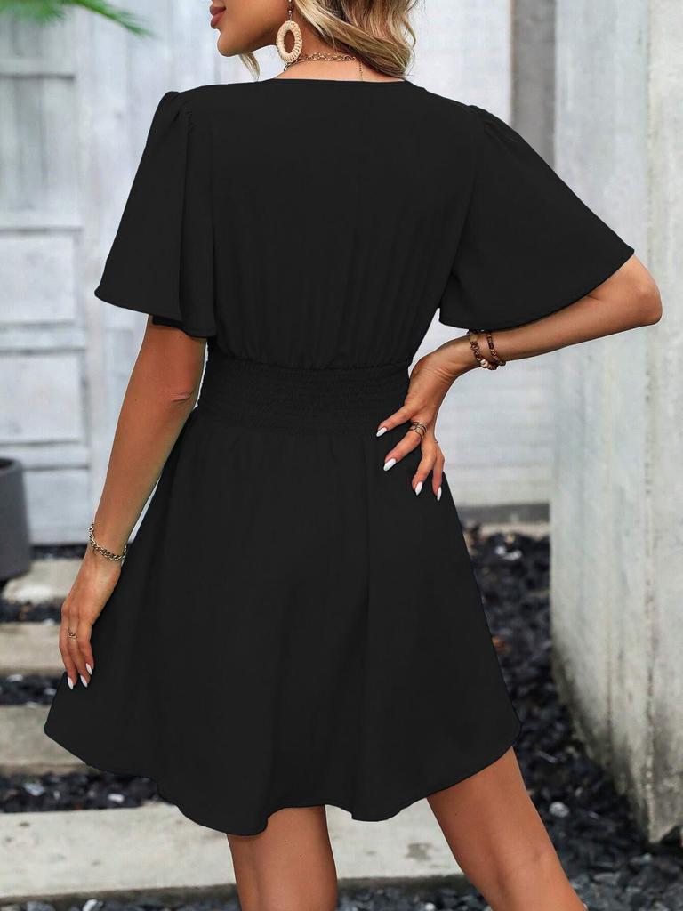 Summer Deep V-Neck Ruffle Sleeve Ruched Dress