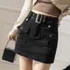 Coffee Brown Denim Mini Skirt Women A-Line High Waist Slim Fit Wrap With Built-in Shorts
