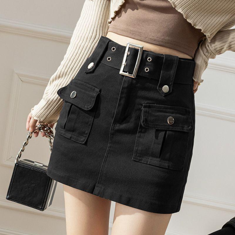 Coffee Brown Denim Mini Skirt Women A-Line High Waist Slim Fit Wrap With Built-in Shorts