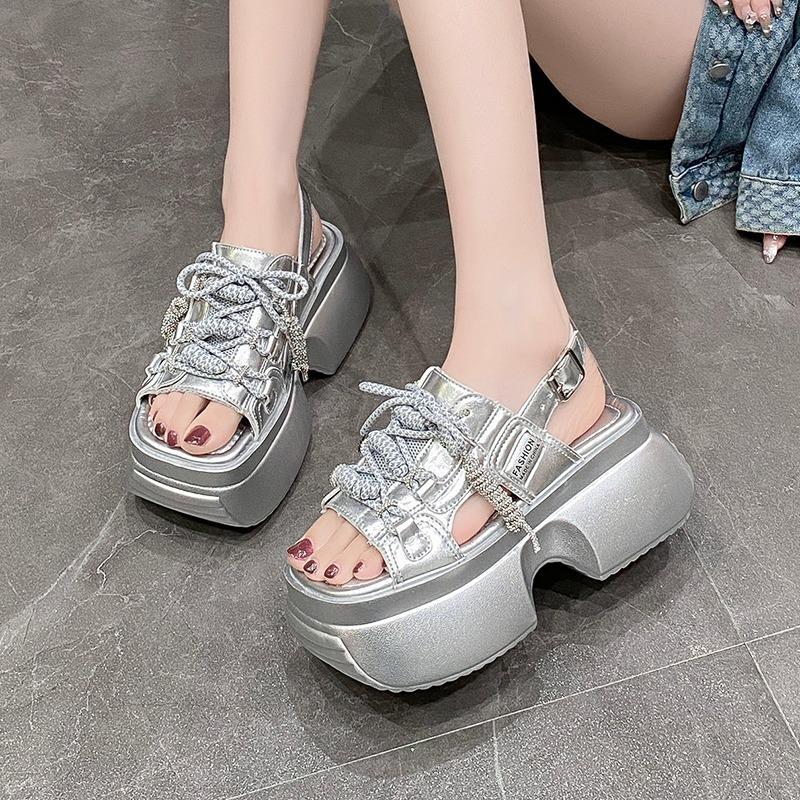 Fashion New Summer Women Leather Chunky Sandals High Platform Trainers Breathable Casual Slippers Shoes Woman 8CM Heels Wedge Sneakers