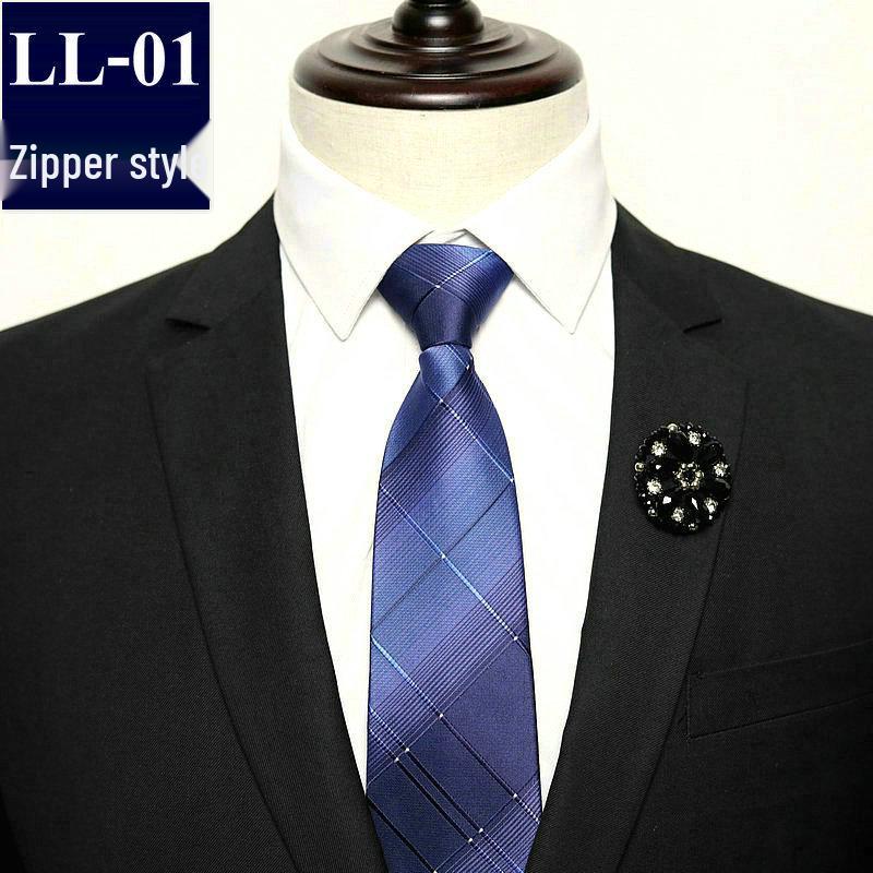 Men's No-Iron Zipper Striped Formal Tie with Logo, 8cm
