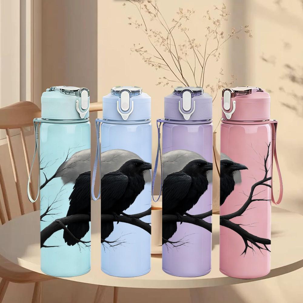 1PC Crow Raven On Bare Branch Print 750ml Color Plastic Sports Water Bottle Leakproof Flip Straw Lid Suitable for Sports Office Home Use