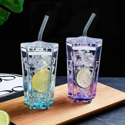 300ml Strohhalmbecher Glas Stern Trinkbecher mit Strohhalm Fünfeckig Kaffee Milch Saft Glas Kunststoff Deckel Auslaufsicher
