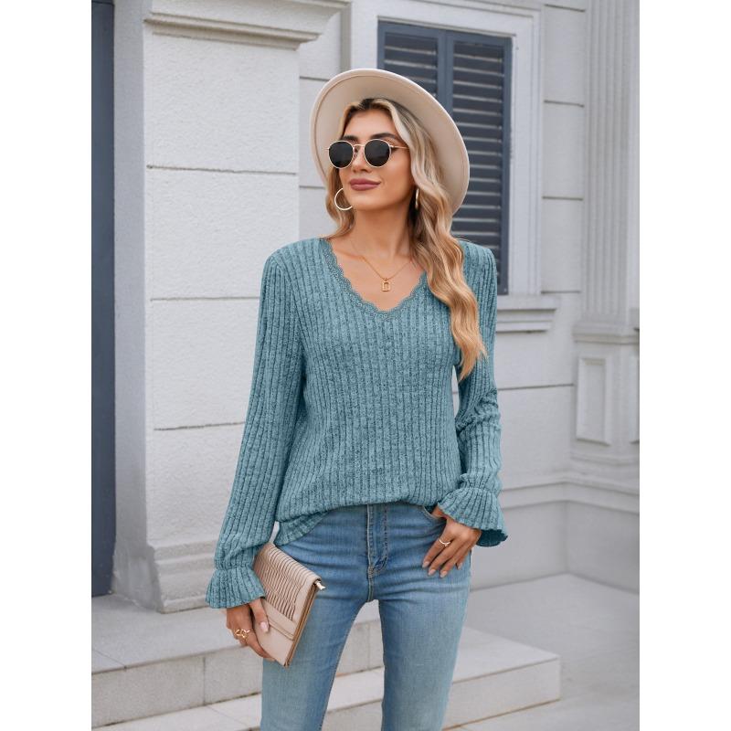 Women's Fashion Casual Solid Color Print Long Sleeve V Neck Blouses & Shirts
