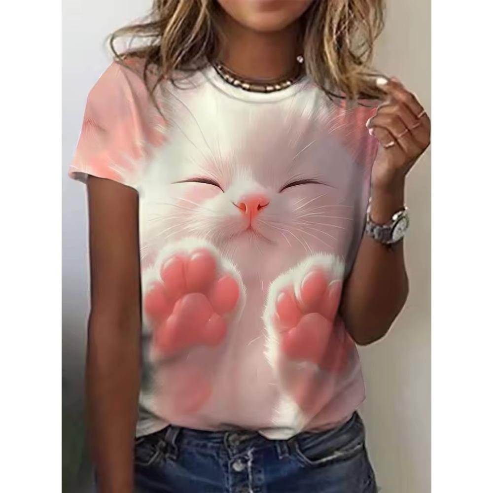 Ladies Summer Fun Cat Printed Large Loose Casual T-shirt Fashionable Comfortable Soft Breathable Short Sleeved T-shirt
