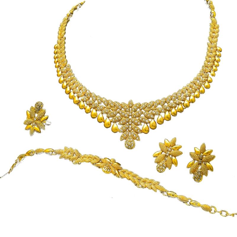 

Elegant Gold Color Flower Bridal Jewelry Set Handmade Women Necklace Earrings Bangle Ring Stylish Wedding Accessories