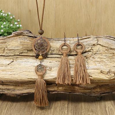 Bohem Vintage Stil Saçak Kolye Ahşap Daire Tasarım Uzun Kolye Küpe Takı