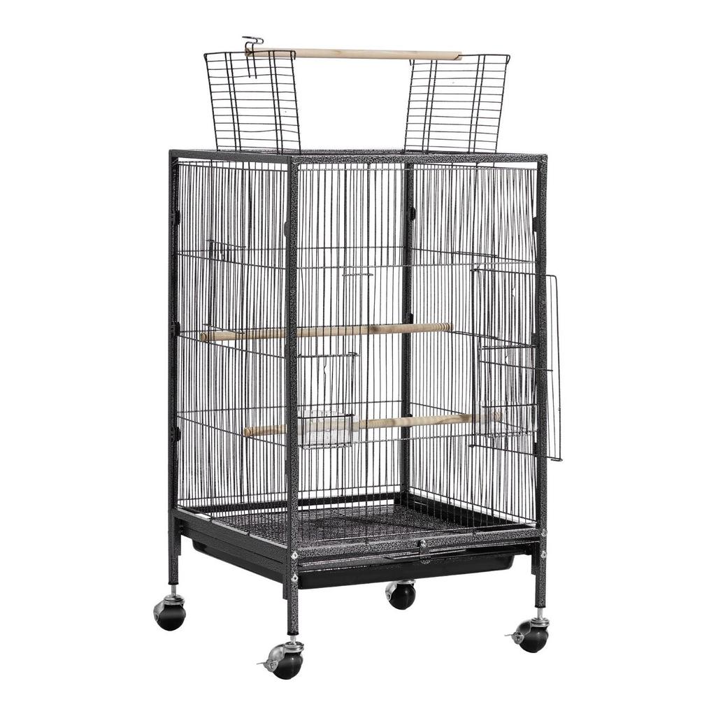 Bird Cage, 460 x 460 x 770 mm, Open Flat Top, Wrought Iron Bird Flight Cage with Perches, Slide-Out Tray and Plastic Feeders, Casters, for Parrot,