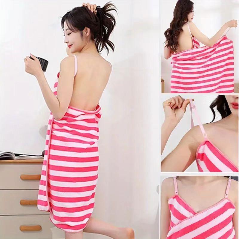 Striped Strappy Bath Towel For Women,Backless Design,Sexy And Fashionable.Coral Fleece Wearable Bath Towel,Soft And Quick-Drying