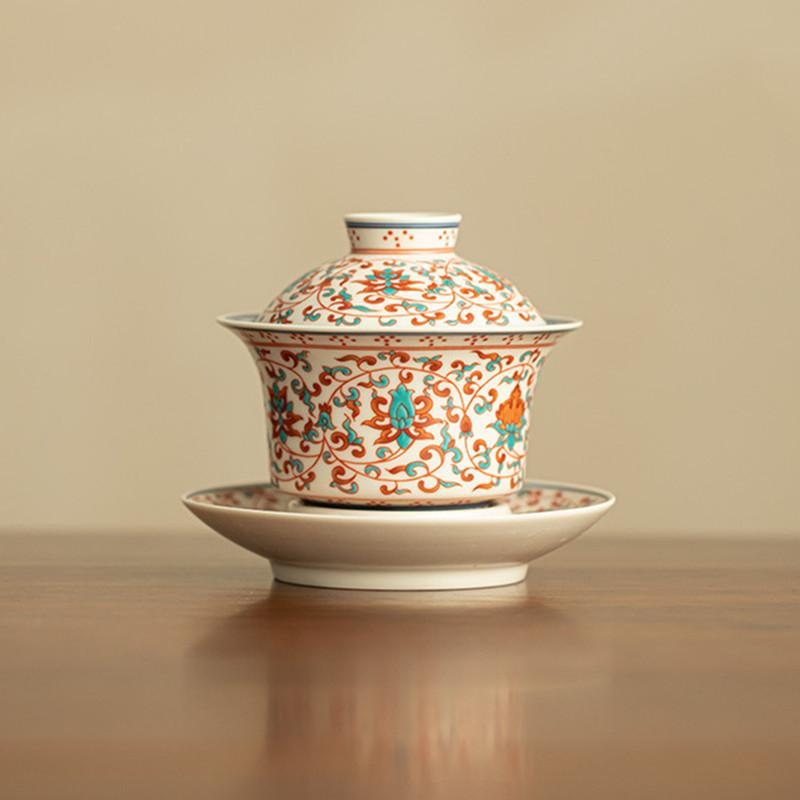 140ml Chinese Pastel Ceramic Gaiwan Teacup Handmade Flowers Porcelain Tea Tureen Travel Portable Tea Bowl Household Teaware 11.8x9.7cm  140ml