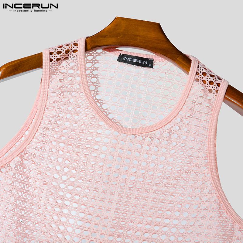 INCERUN Men O Neck Sleeveless Mesh Sheer Hollow Crochet Casual Beach Tank Tops