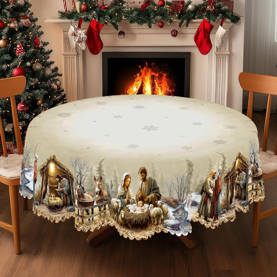 1Pc Christmas Tablecloth With Nativity Scene, Yule Home Party Decor For Indoor Outdoor, Xmas Round Rectangular Table Cloth
