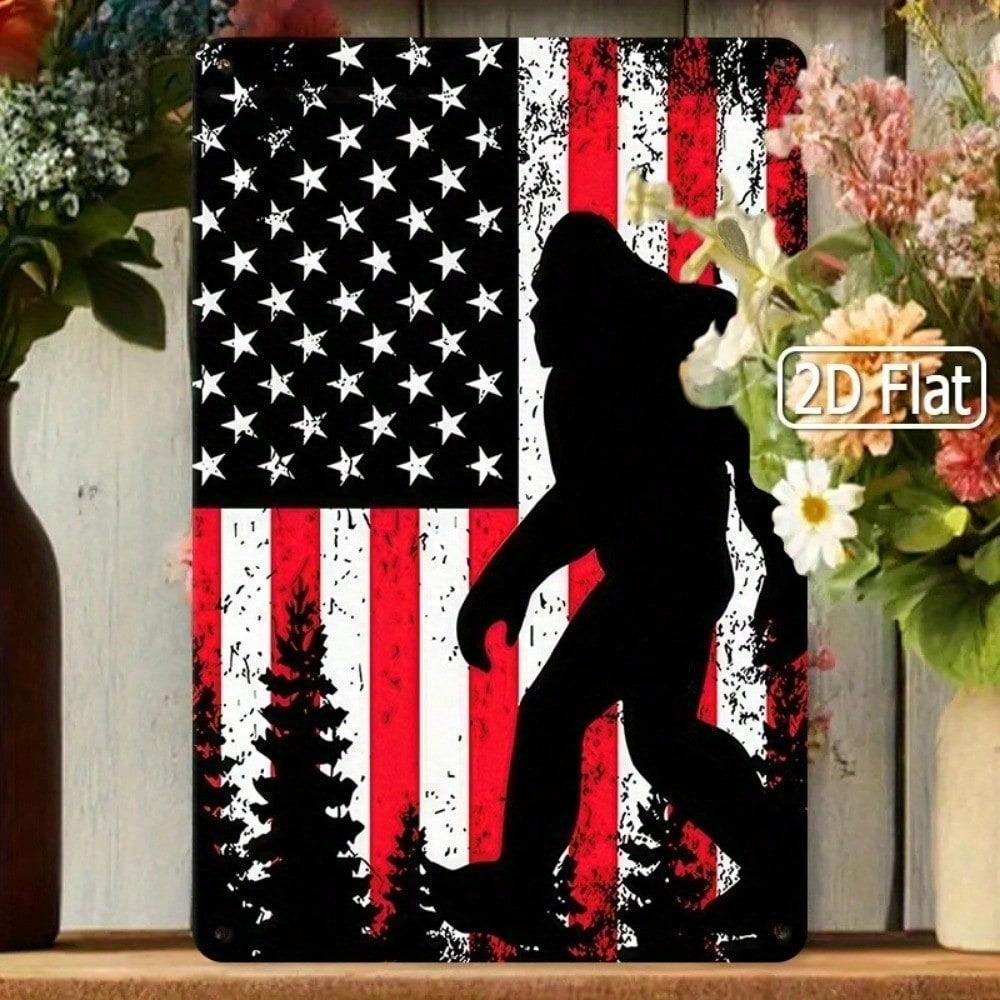 Bigfoot Metal Tin Sign American Flag Rustic Wall Decor Man Cave Gift