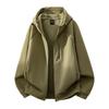 Unisex Khaki Fleece Hooded Jacket Full-Zip Warm Outdoor Sweatshirt Cardigan