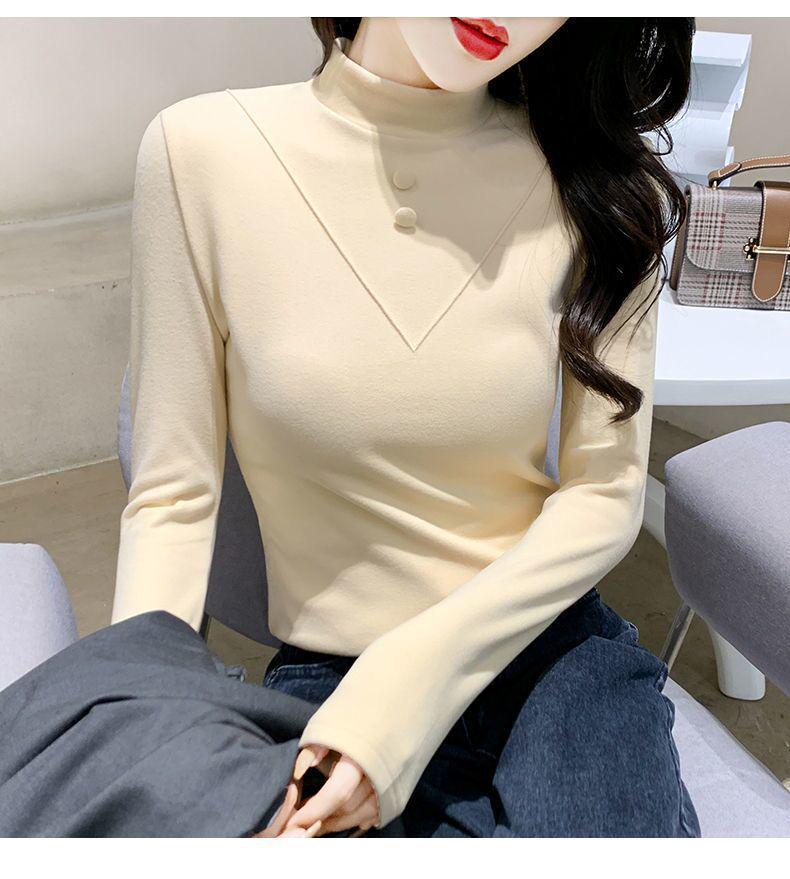 1x1 Ribbed Double-Sided Velour Women's Half High Neck Long Sleeve Slim-Fit Brushed Warm Top