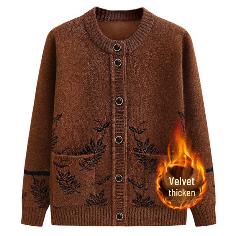 Warm Fleece-Lined Cardigan for Middle-Aged and Elderly Women - Spring/Autumn Style