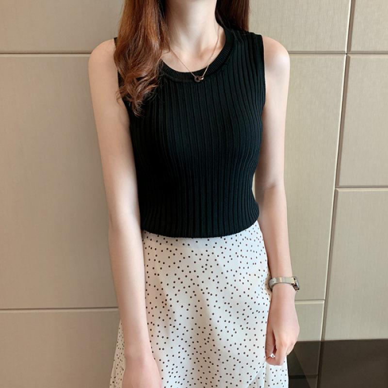 Gilet à bretelles femme printemps et été nouveau ajusté sans manches tricoté basique T-shirt à col rond élastique avec haut