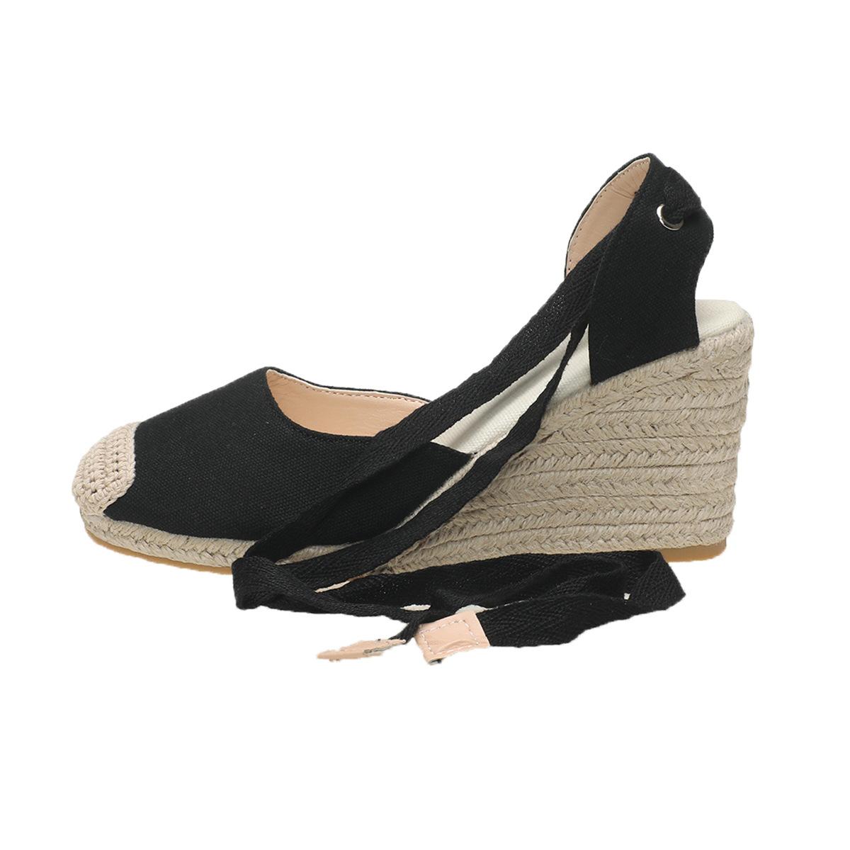 

Модные эспадрильи на танкетке для женщин Лето 2025 Сандалии с закрытым носком и ремешком на щиколотке Сандалии-слингбэки Женские удобные повседневные сандалии на шнуровке 35 чёрный