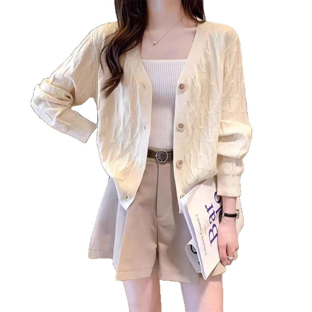 V-neck knitted cardigan women's lazy spring and autumn new Korean version loose versatile sweater jacket top