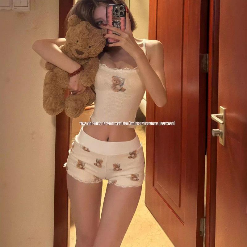 Women's Summer 2025 Slimming Teddy Bear Camisole Pajama Set with Pads - Cute & Sexy Tank Top and Shorts