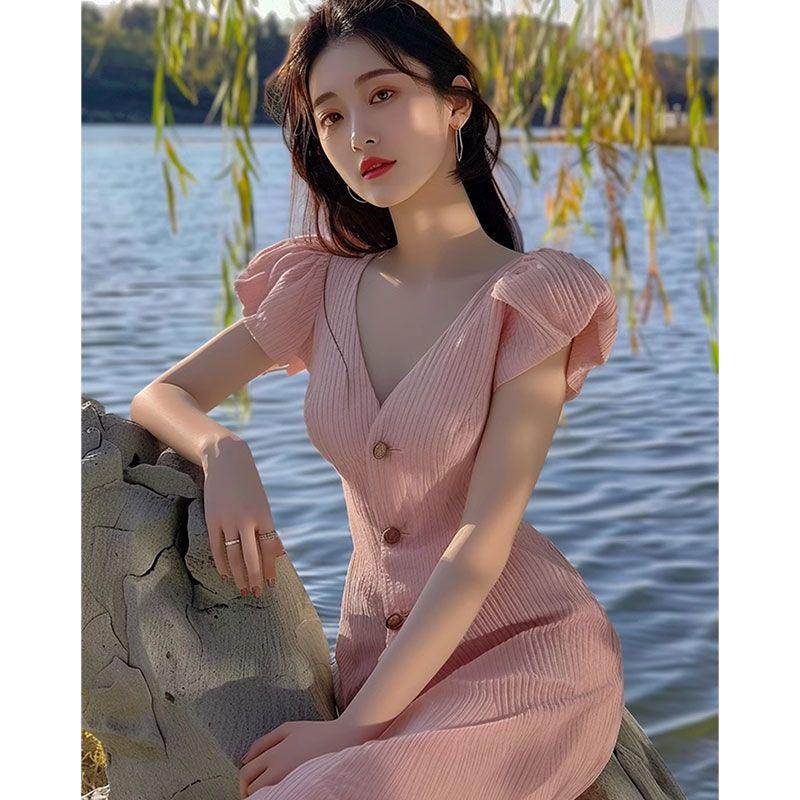 2024 French Designer Pink V-neck Delicate Summer Dress for Women Large розовый