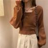 Women's Fashionable Square Neck Knitted Top - Spring/Autumn Design, Short, Versatile, with Bubble Sleeves and a Faux Two-Piece Look.