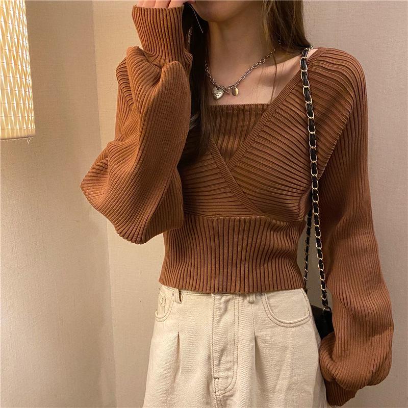 Women's Fashionable Square Neck Knitted Top - Spring/Autumn Design, Short, Versatile, with Bubble Sleeves and a Faux Two-Piece Look.