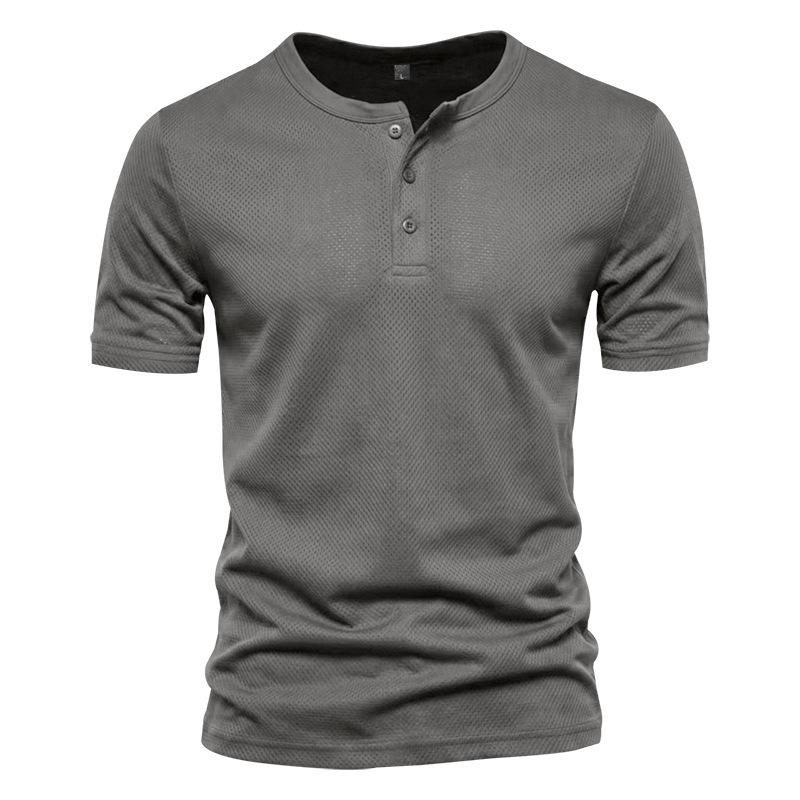Men’s Summer Quick-Dry Mesh Henry-Neck T-Shirt – Casual Plain Short-Sleeved