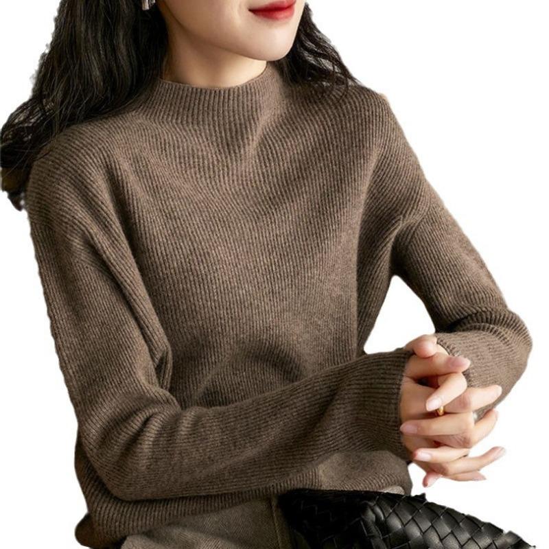 Solid Color Casual Versatile Pullover Sweater with Women's Autumn and Winter New Thin Semi-turtleneck Knitted Bottoming Shirt Top Tide