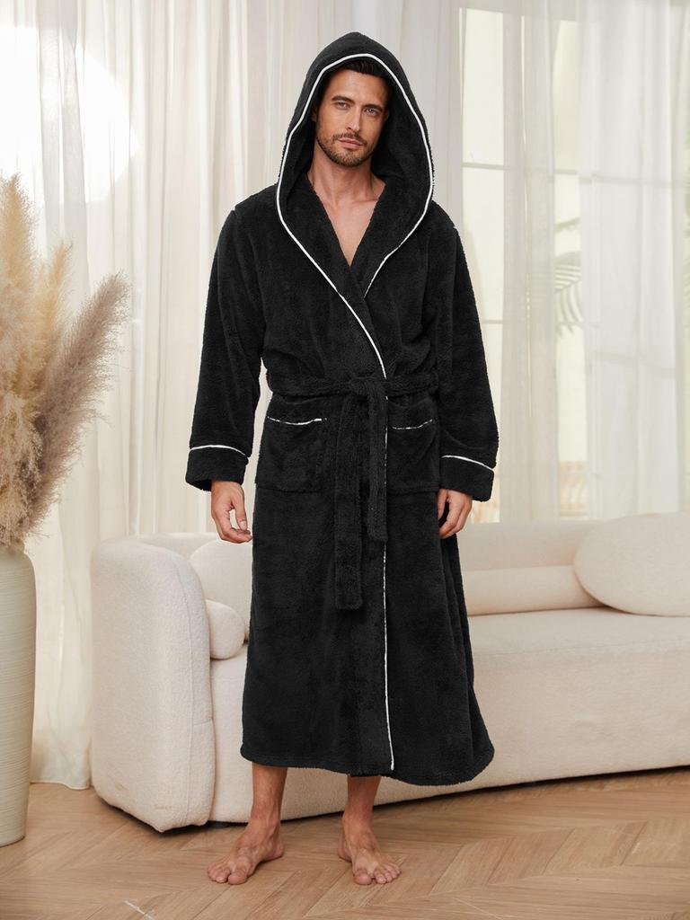 Herre Hætteklædte Badekåber Fuld Længde Spa Badekåber Blød Hjemme Nattøj Frakke med Lommer Vinter Varm Plys Fleece Kåbe Hætteklædt Fluffy Kåber til Mænd