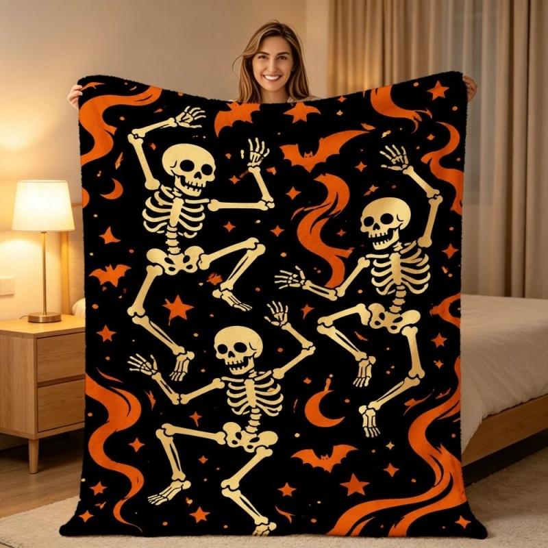 Dancing Skeleton Bat Star Printed Throw Blanket,Soft Warm Flannel Blanket,Halloween Cozy Decorative Blanket