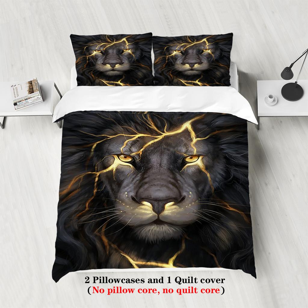 Animal Duvet Cover Set Queen Size Polyester Lightning Lion Pattern Duvet Cover Grey Black Soft Bedding Set for Teen Boys Man