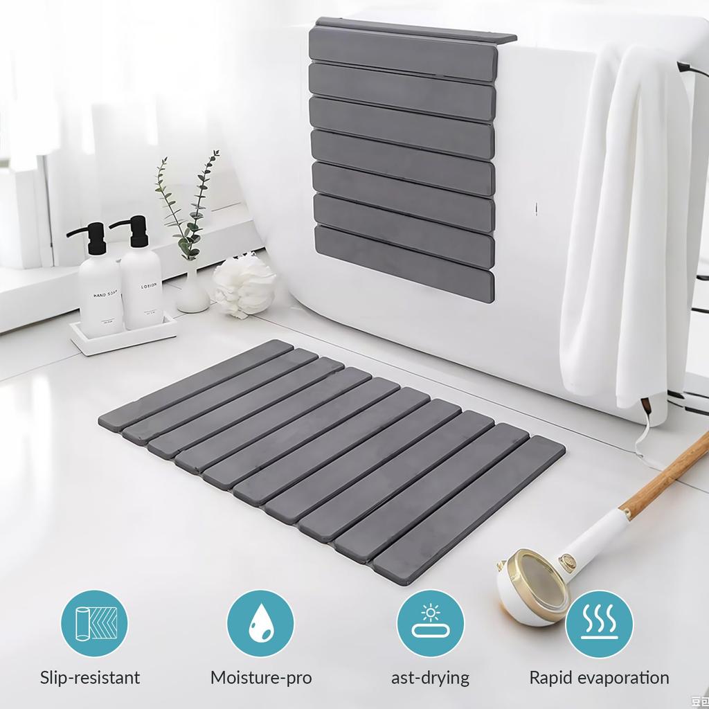 Foldable Stone Bath Mat, Super Absorbent Diatomaceous Earth Mat, Non-Slip Quick Dry Bathroom Shower Mat - 23.6x15.5 Inch