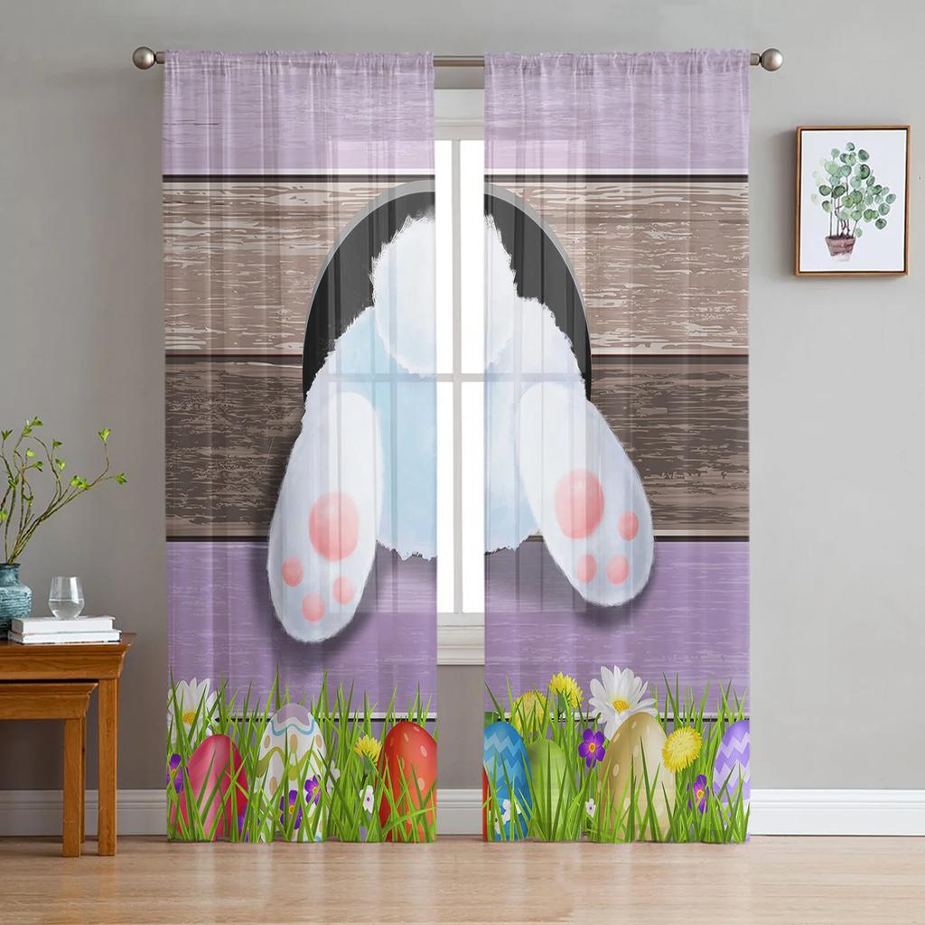 Easter Bunny Tail Wood Curtain Colorful Eggs Happy Transparent Voile Curtains Living Dining Room Bedroom Drapes Light Filtering For Sleeping Area