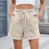 Women's Fashion Solid Color Pocket Curled Edge Elastic Waist Strap Casual Denim Shorts