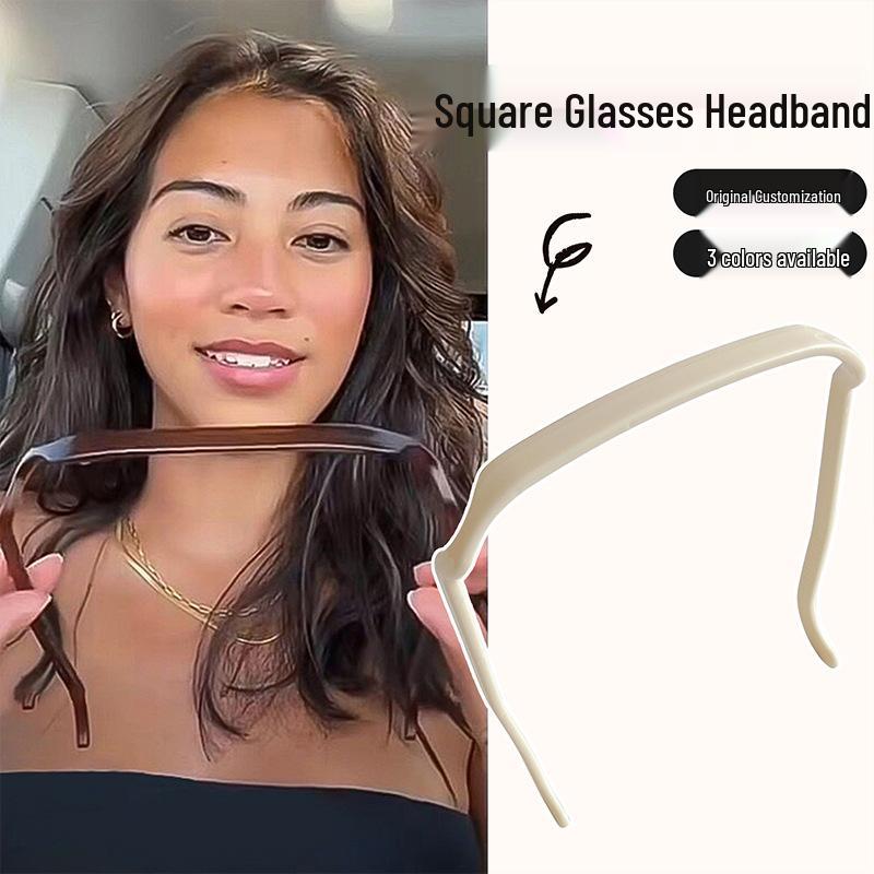 Summer Sun Black Lens Square Glasses Hairband for Women - Invisible Clip, Curling Thick Hair Tie & Headband