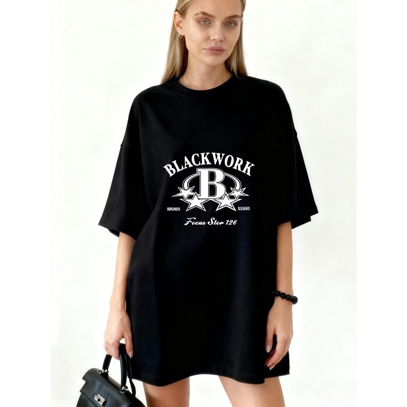

Oversized T Shirt Black Blackwork Logo Print With Stars And Text For Casual Wear XXXXL чорний