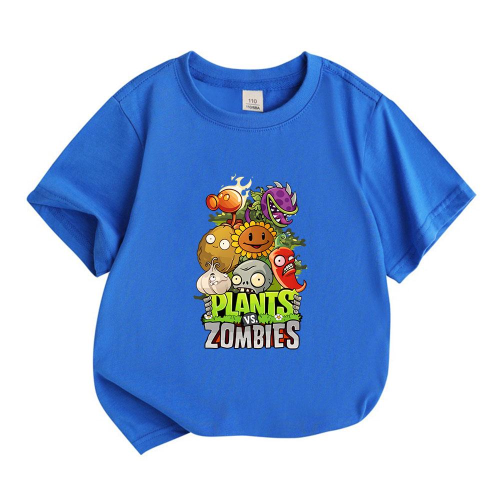 Kids Boys Girls 100% Cotton Crew Neck Short Sleeve T-Shirt, Cute Plants vs Zombies Cartoon Printed Casual Soft Breathable Summer Tee for Daily Wear
