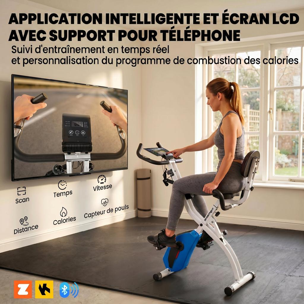 SPORTNOW Foldable Exercise Bike 4 In 1 Silent Fitness Bike Connected Kinomap Bluetooth and Zwift 105x53.5x109cm Blue