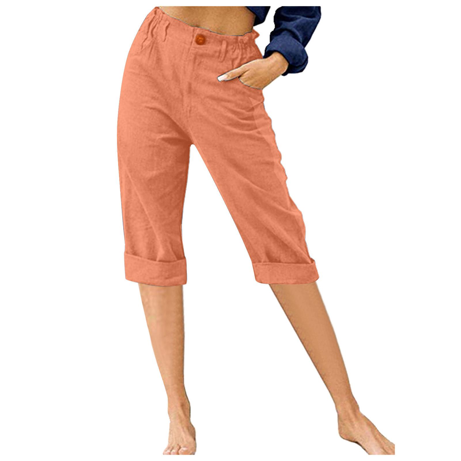 

women s Elastic High Waist Cuffed Hem Straight Leg Capri Pants Casual Cotton Linen Cropped Trousers 3XL помаранчевий