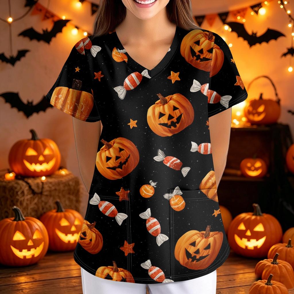 Women's Halloween Print Loose Fit V Neck Short Sleeve Medical Scrub Top with Pockets Comfortable Workwear for Healthcare Professionals