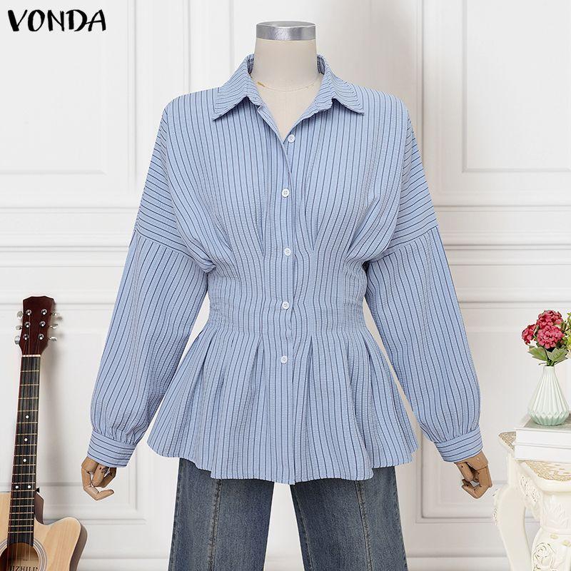 VONDA Women Turn Down Collar Long Sleeve Striped Print Slim Waist Casual Blouse Shirts
