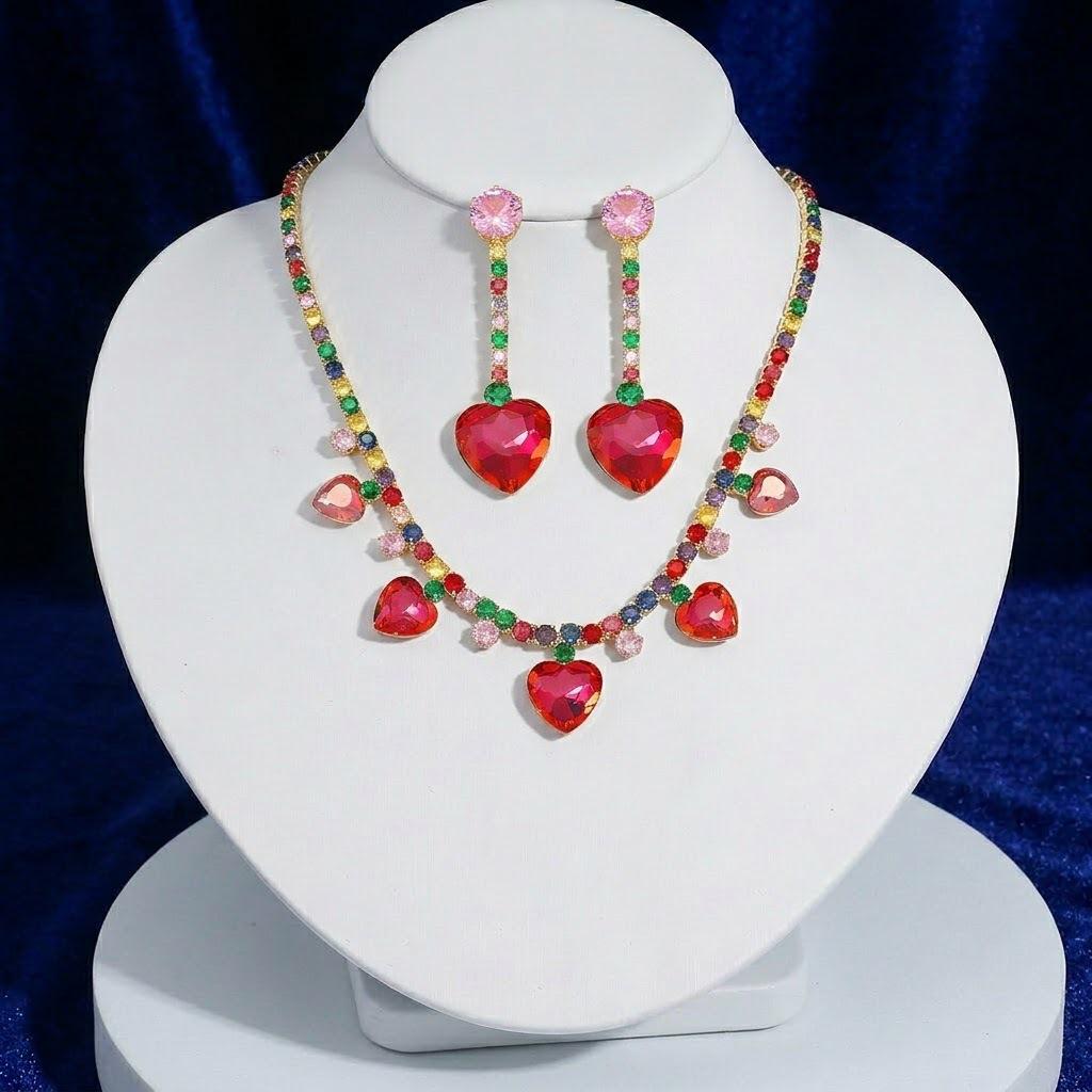 European Style Red Heart Zircon Necklace & Plum Blossom Earrings Set