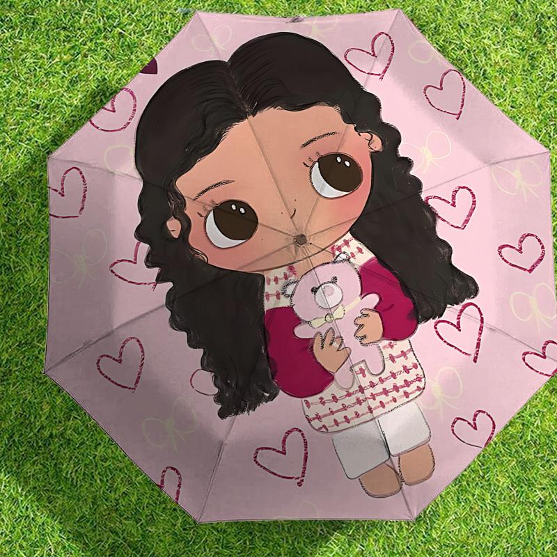 Chibi Girl with Teddy Bear Heart Print Umbrella: Automatic Opening & Closing, Outdoor Protection, Lightweight and Durable Travel Accessory 191