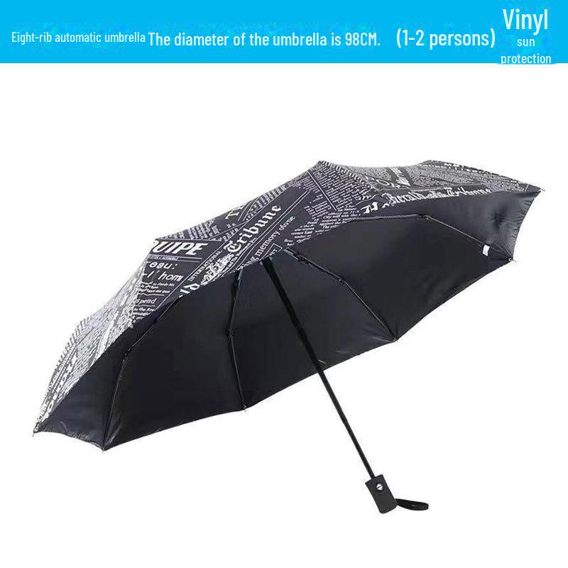 Pánský retro černý skládací slunečník – Unisex, vzor novin.