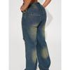 Women's Mid Rise Wide Leg Long Pants Retro Distressed Straight Leg Ripped Denim Jeans