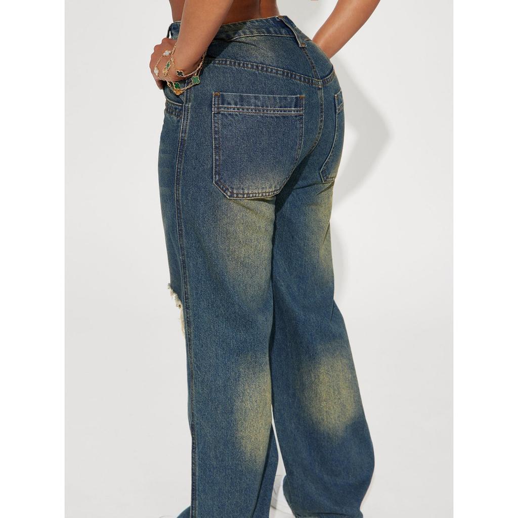 Women's Mid Rise Wide Leg Long Pants Retro Distressed Straight Leg Ripped Denim Jeans