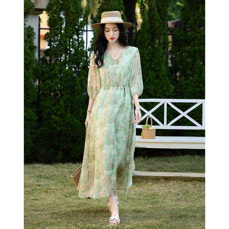 Demana Monet Garden Printed V-Neck A-Line Midi Dress