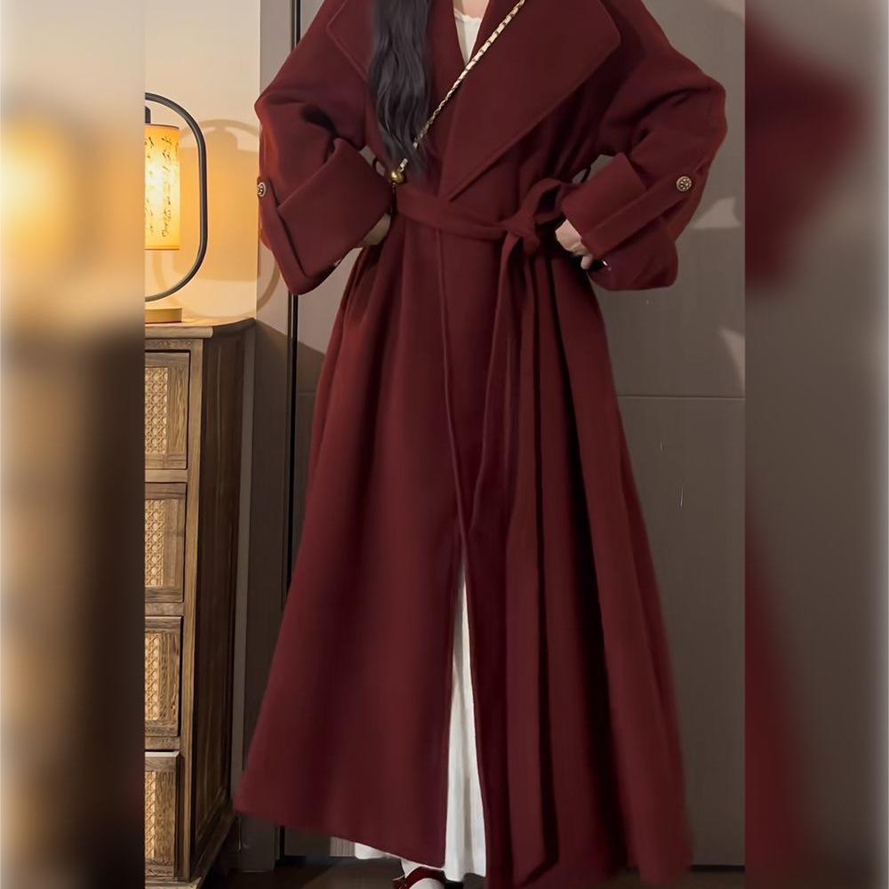 Hepburn Style Vintage Wool Coat - Women's Elegant Red Long Coat for Autumn/Winter