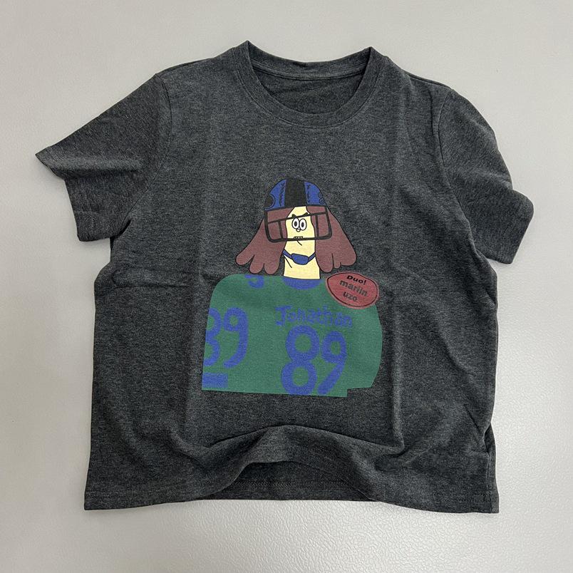 

Женская футболка из матового хлопка с круглым вырезом и коротким рукавом с мультяшным принтом Large темно-серого